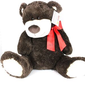 Animal Adventure Sitting Teddy Bear Dark Brown Plush Red Satin Bow 2012 13"